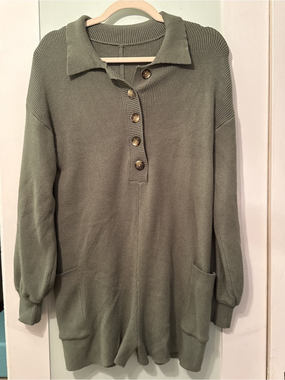 Amazon Olive Green V-Neck Polo Button Sweater